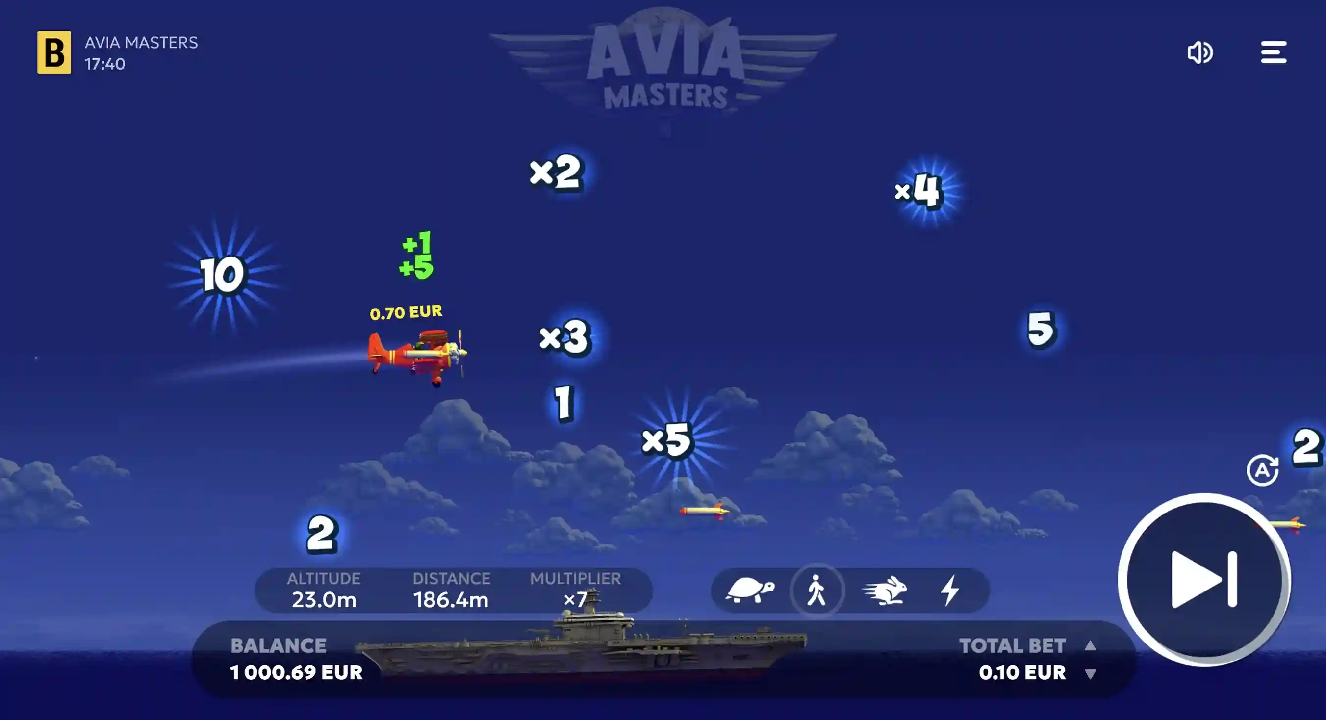 Avia Masters Spielbildschirm mit Jet-Animationen und Effekten.